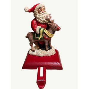 Christmas Handpainted Vintage Stocking Hanger Santa W/Reindeer Adjustable